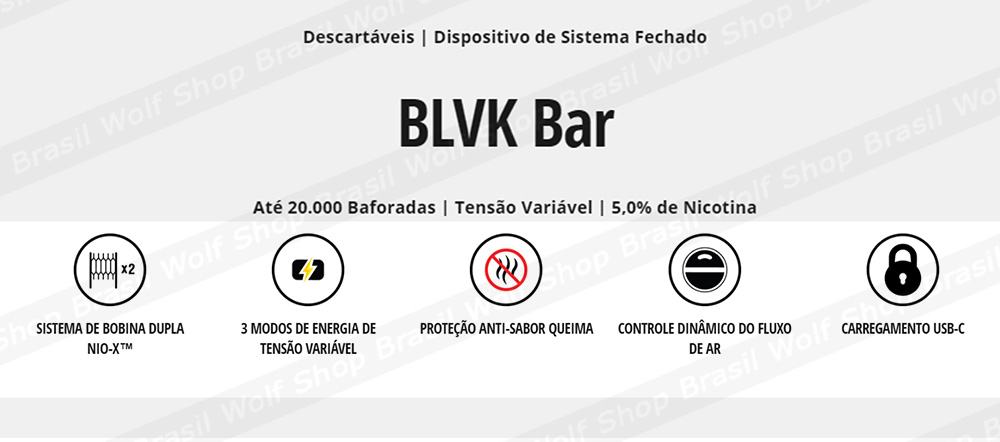 Características Pod Descartável BLVK Bar 20K na Wolf