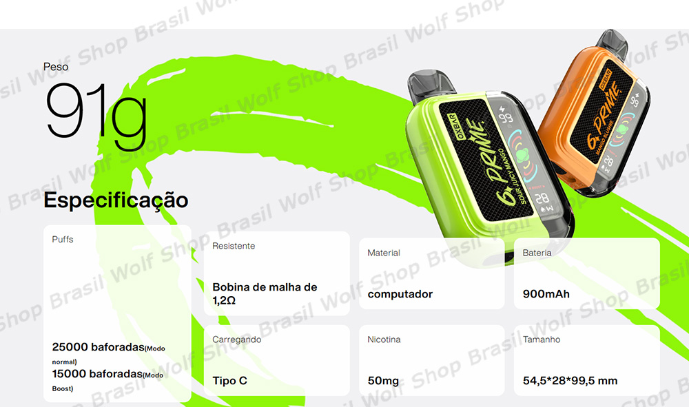 Especificações do OXBAR G PRIME com 25.000 Puffs na Wolf Shop