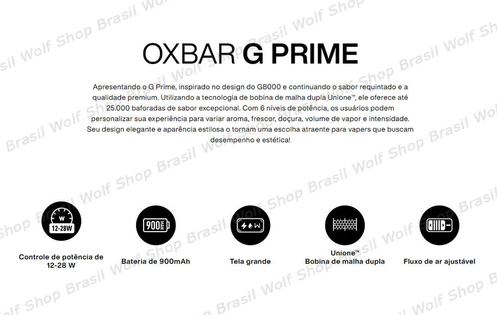 Features do Pod Descartável OXBAR G PRIME com até 25.000 Puffs na Wolf Shop Brasil.