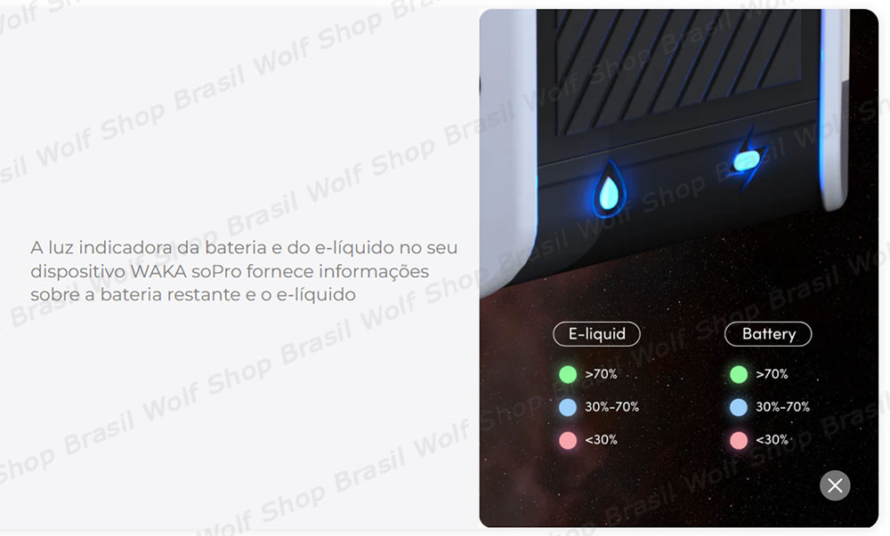 Luz indicadora de níveis de bateria e líquido no Pod Descartável Waka soPro PA10000 na Wolf Shop