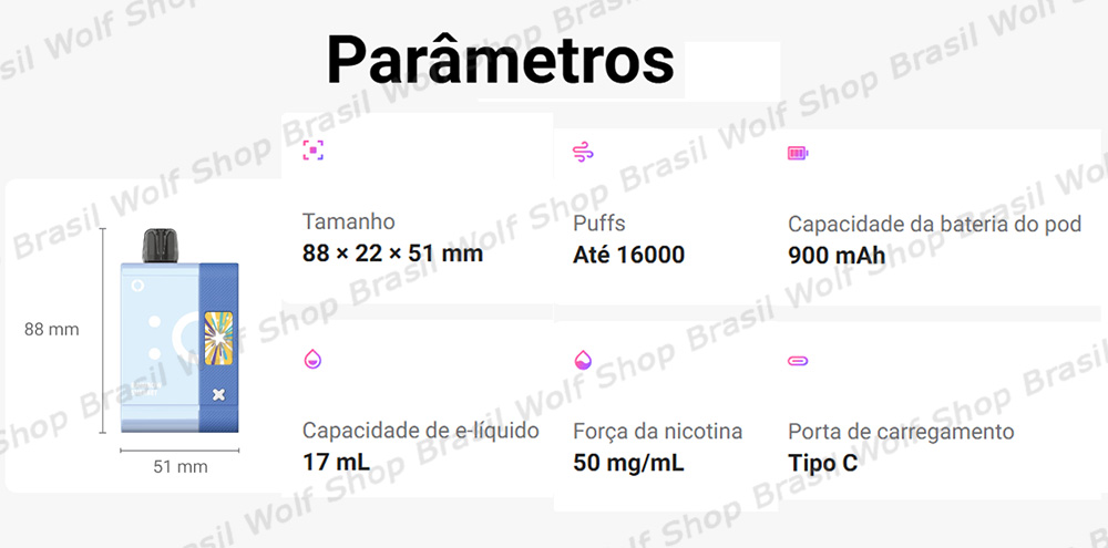 Parâmetros do Pod Descartável ELFBAR EW16000 SMART Refil na Wolf Shop Brasil