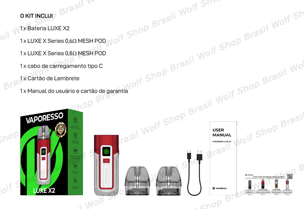 Itens inclusos no Pod System Vaporesso LUXE X2 na Wolf Shop