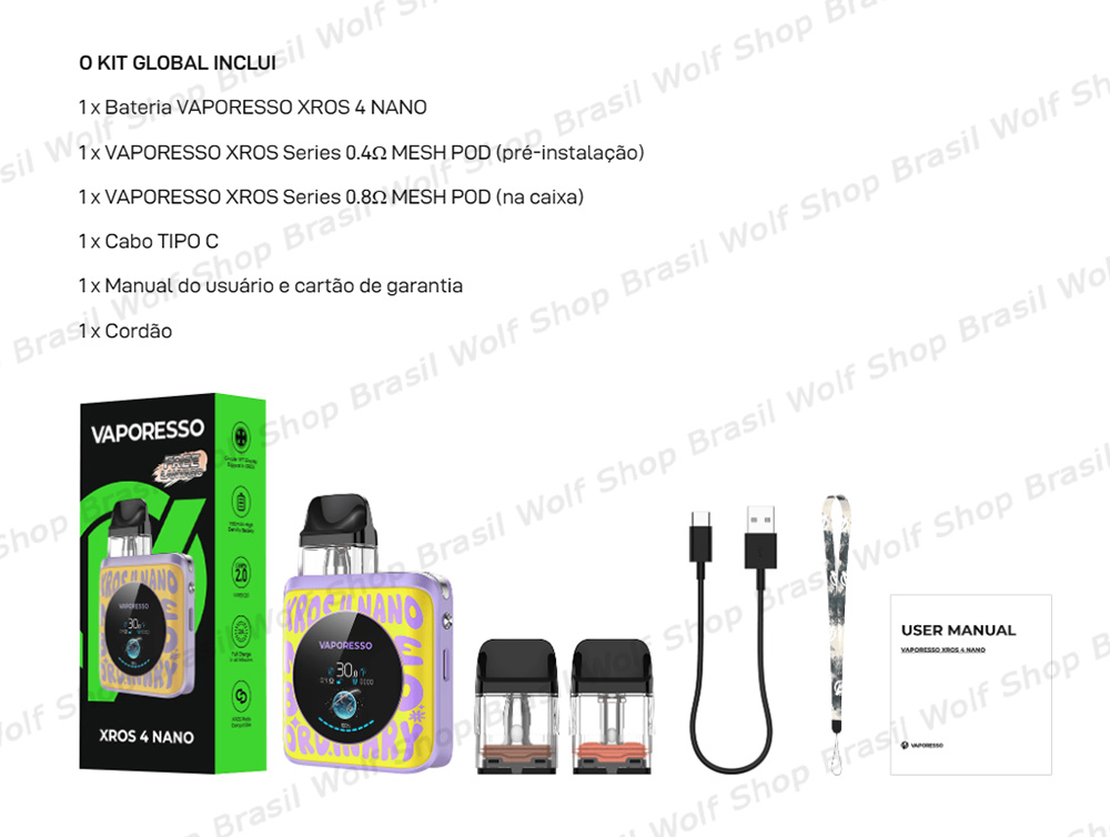 Itens inclusos no Pod System Vaporesso XROS 4 NANO na Wolf Shop