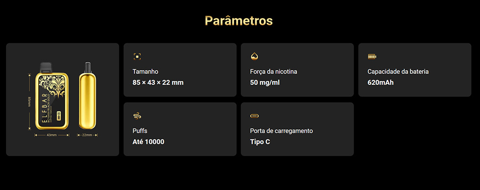 Parâmetros do ELFBAR BC10000 BLACK GOLD na Wolf Shop