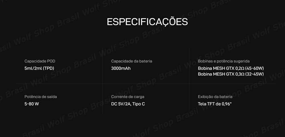 Especificações Pod System Vaporesso XROS TARGET 80 na Wolf Shop